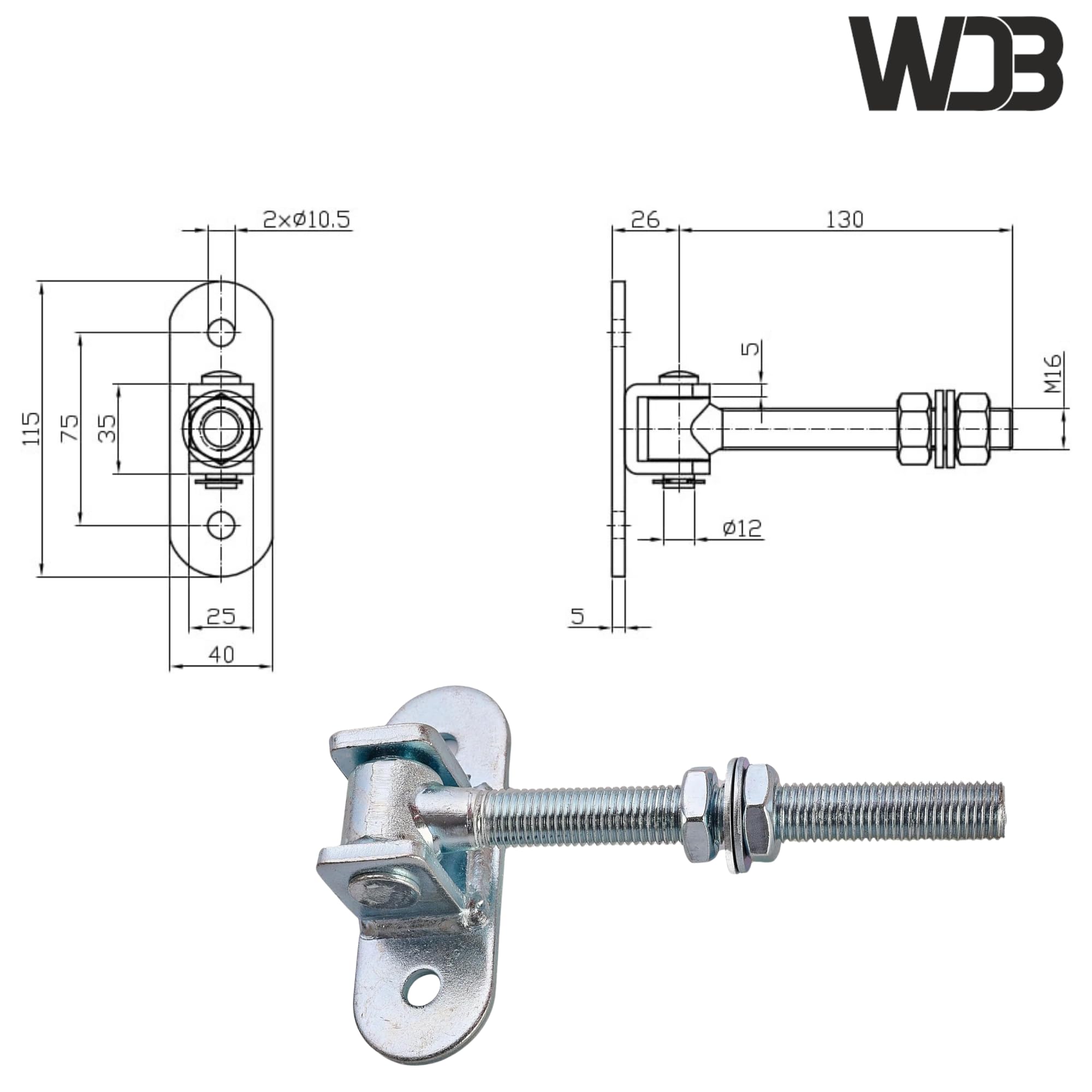 WDB Bisagras de puerta ajustables abatibles con placa atornillable M16, 2 unidades, bisagras de puerta ajustables con rosca galvanizada, bisagras colgantes
