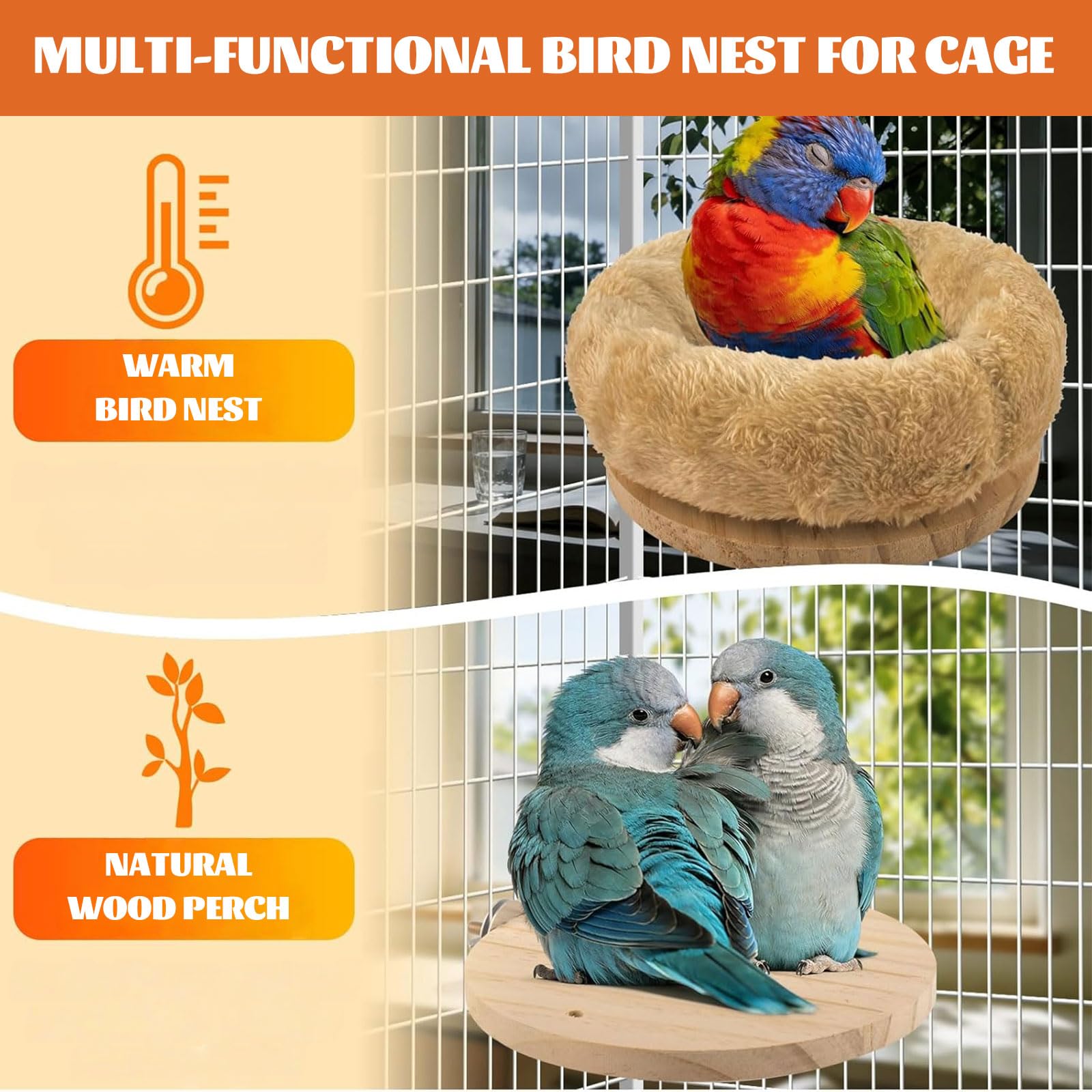 Nid d'oiseau de taille moyenne pour cage - Hamac en peluche amovible - Perchoir chaud pour l'hiver - Plateforme pour perruches, calopsittes, conures, hamster