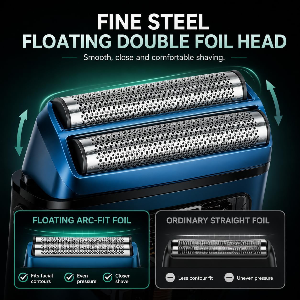 Portable Foil Shaver for Men, Compact Electric Face Shaver with Floating Double Cutter Head, 9000 RPM Motor, LED Display, Type-C Rechargeable, Detachable Head, Travel Grooming Razor, Blue Green