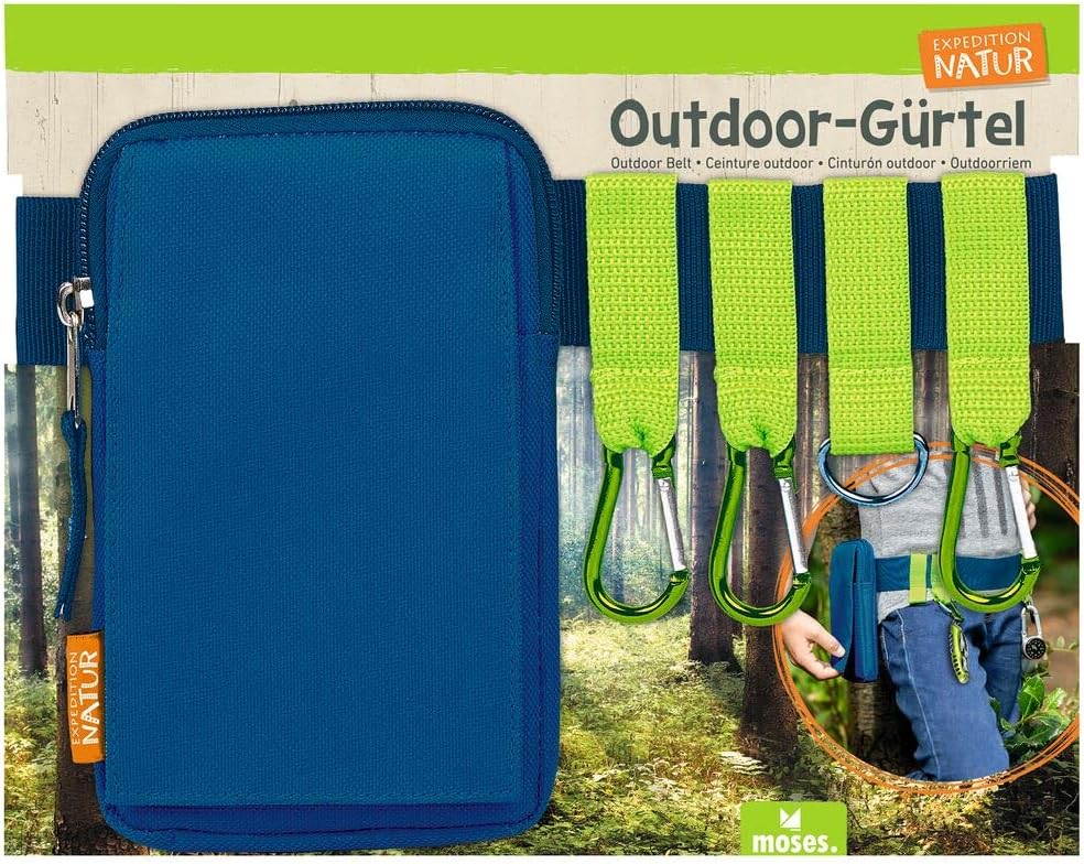 moses Outdoor Belt Expedition Natural Strap with Bag and Carabiners, Perfect for Camping Belt Bag, Torch, Compass & Co, Blue, Plain
