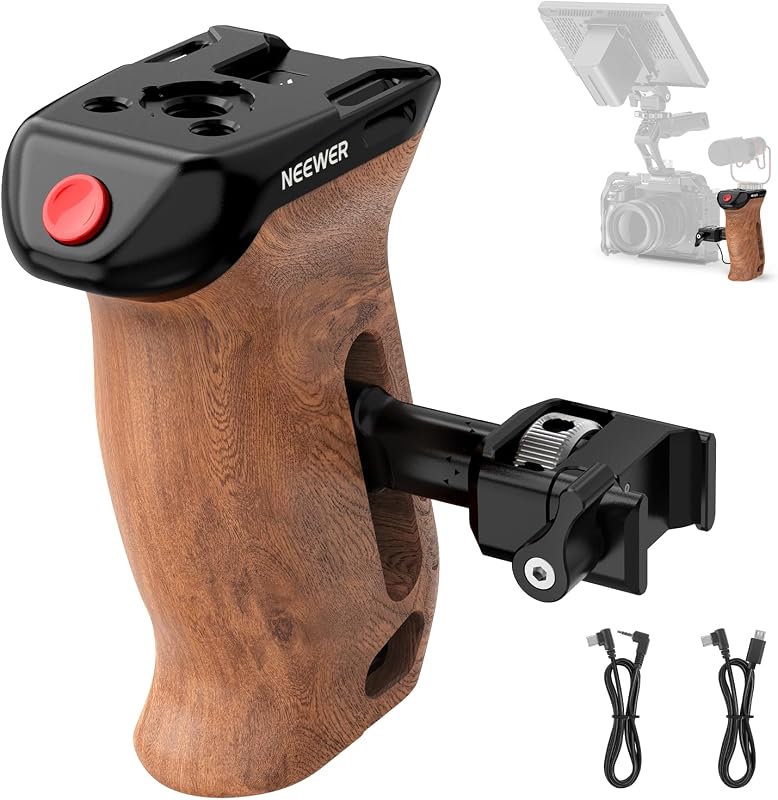 NEEWER Wooden Side Handle with Record Start/Stop Remote Trigger NATO Clamp 1/4" & 3/8" Threads Vertical Adjustment 22lb Load Compatible with SmallRig Camera Cage Sony Fujifilm Panasonic, CA123