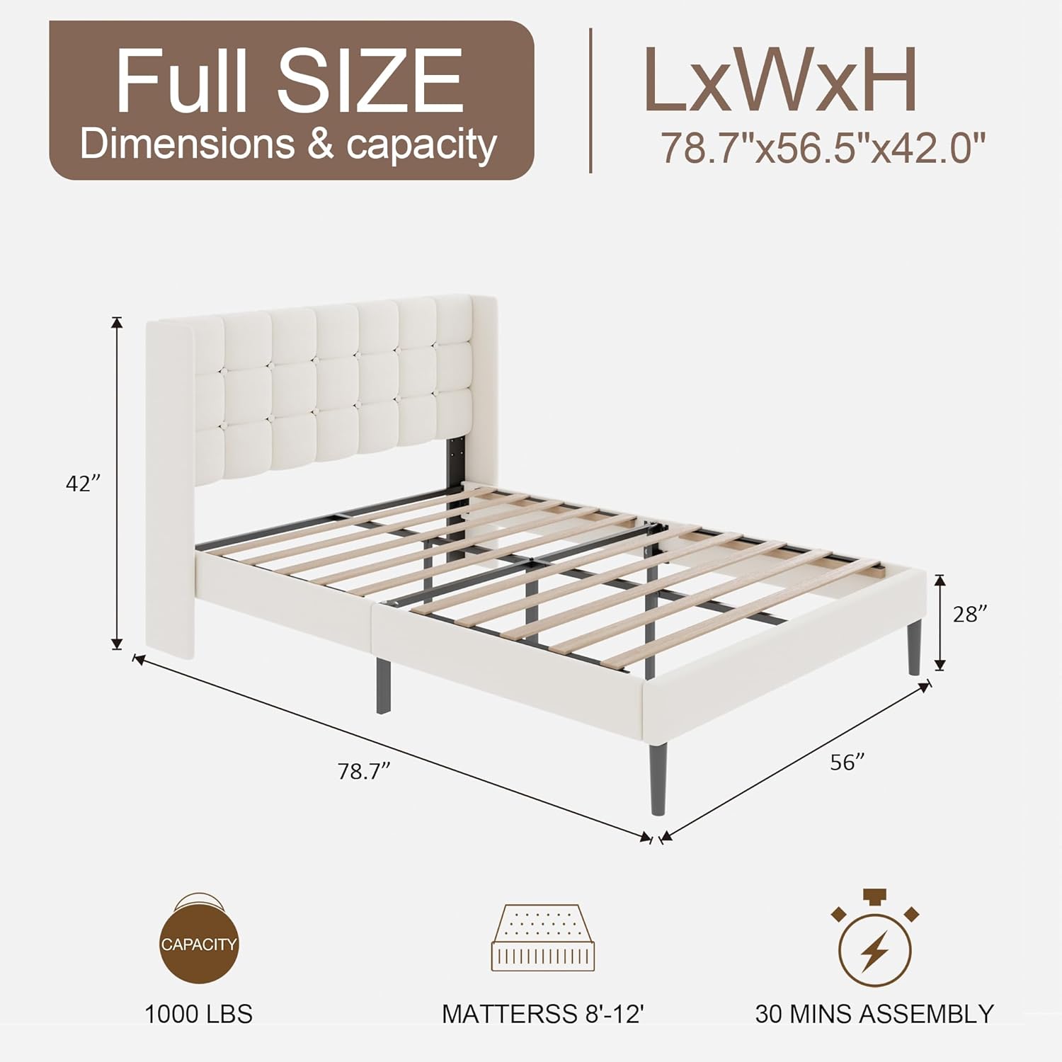 Full Size Bed Frame with Wingback Headboard, Velvet Upholstered Platform Bed Frame with Button Tufted Headboard, Wooden Slats Support, No Box Spring Needed, Noise Free, Easy Assembly, Beige