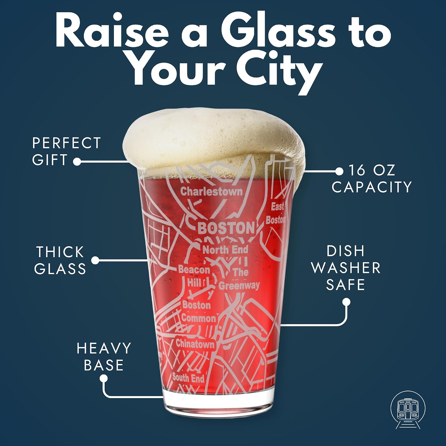 Greenline Goods – Boston, MA Map Pint Beer Glasses (Set of 2), 16 oz – Etched Wrap Design