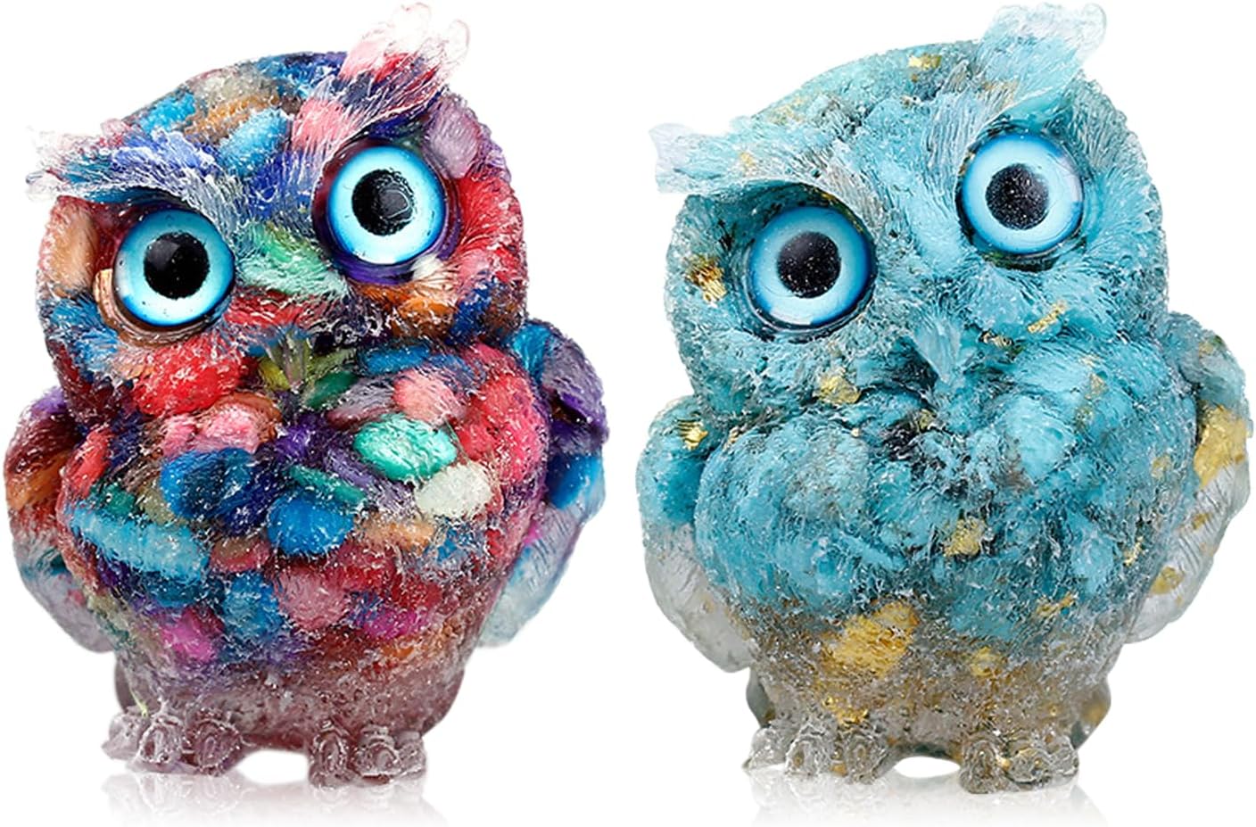 DIYOMR 2Pcs Handcrafted Crystal Owl Statue, Reiki Healing Gemstone Colorful Owl Animal Figurines Attract Wealth Lucky Home Decor Desktop Ornaments Car Decoration (2Pcs Set A)
