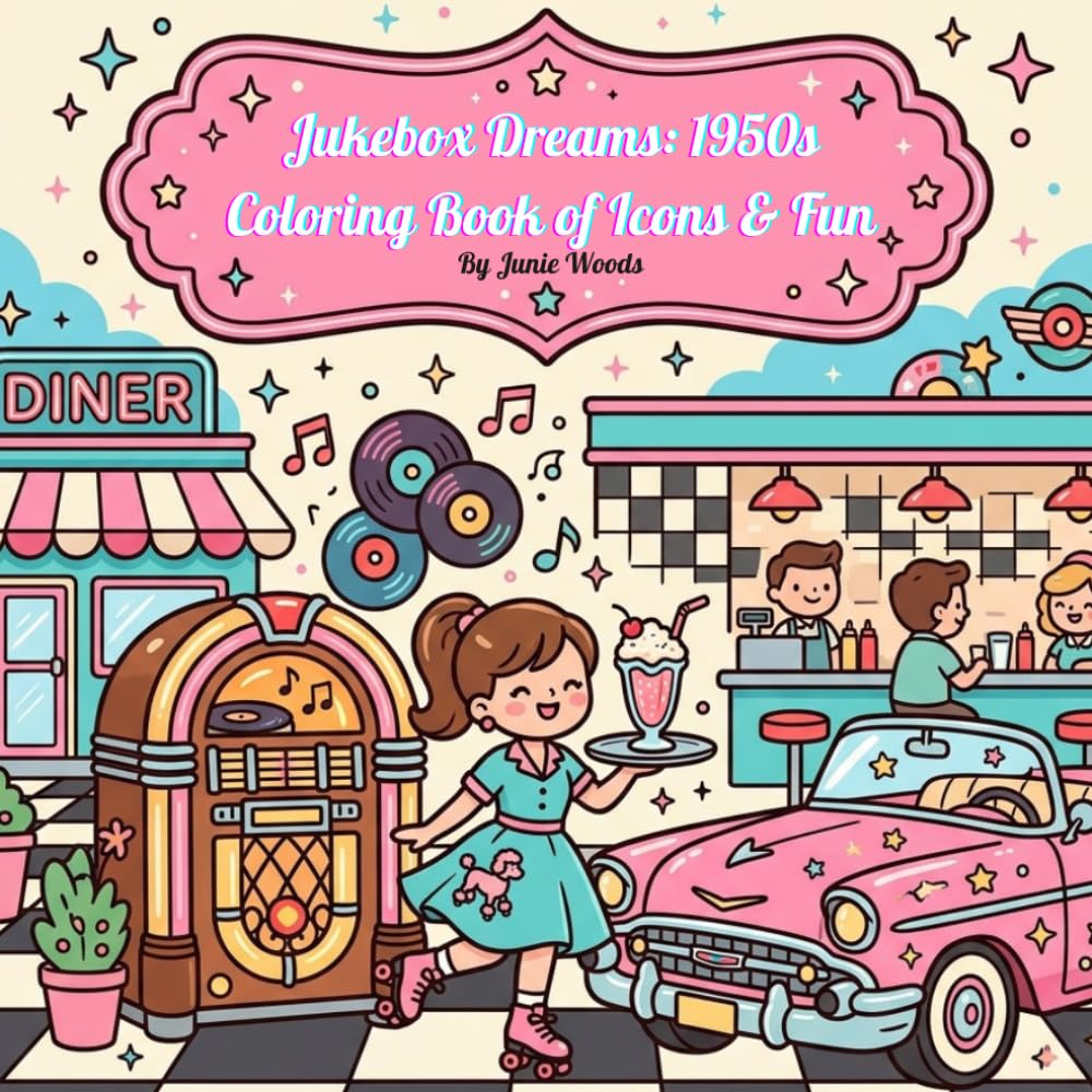 Jukebox Dreams: 1950s Coloring Book of Icons & Fun: Kawaii 1950s Retro Coloring Book for Teens & Adults Vintage Aesthetic, Stress Relief & Nostalgia Art (Stress-Free Kawaii Coloring Books)