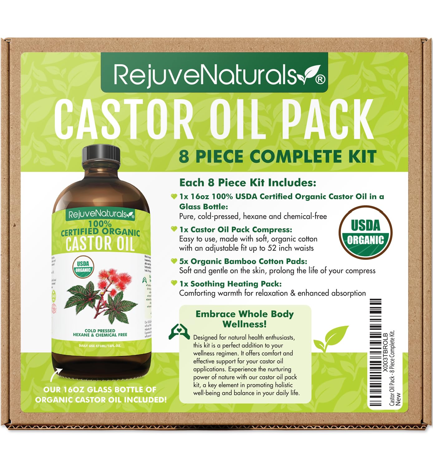 Castor Oil Pack – 8 Piece Complete Kit. Includes 16oz Glass Bottle of Organic Castor Oil, Easy to use Organic Cotton Compress with Adjustable Fit, 5 Soft Cotton Pads & Soothing Heat Pack..
