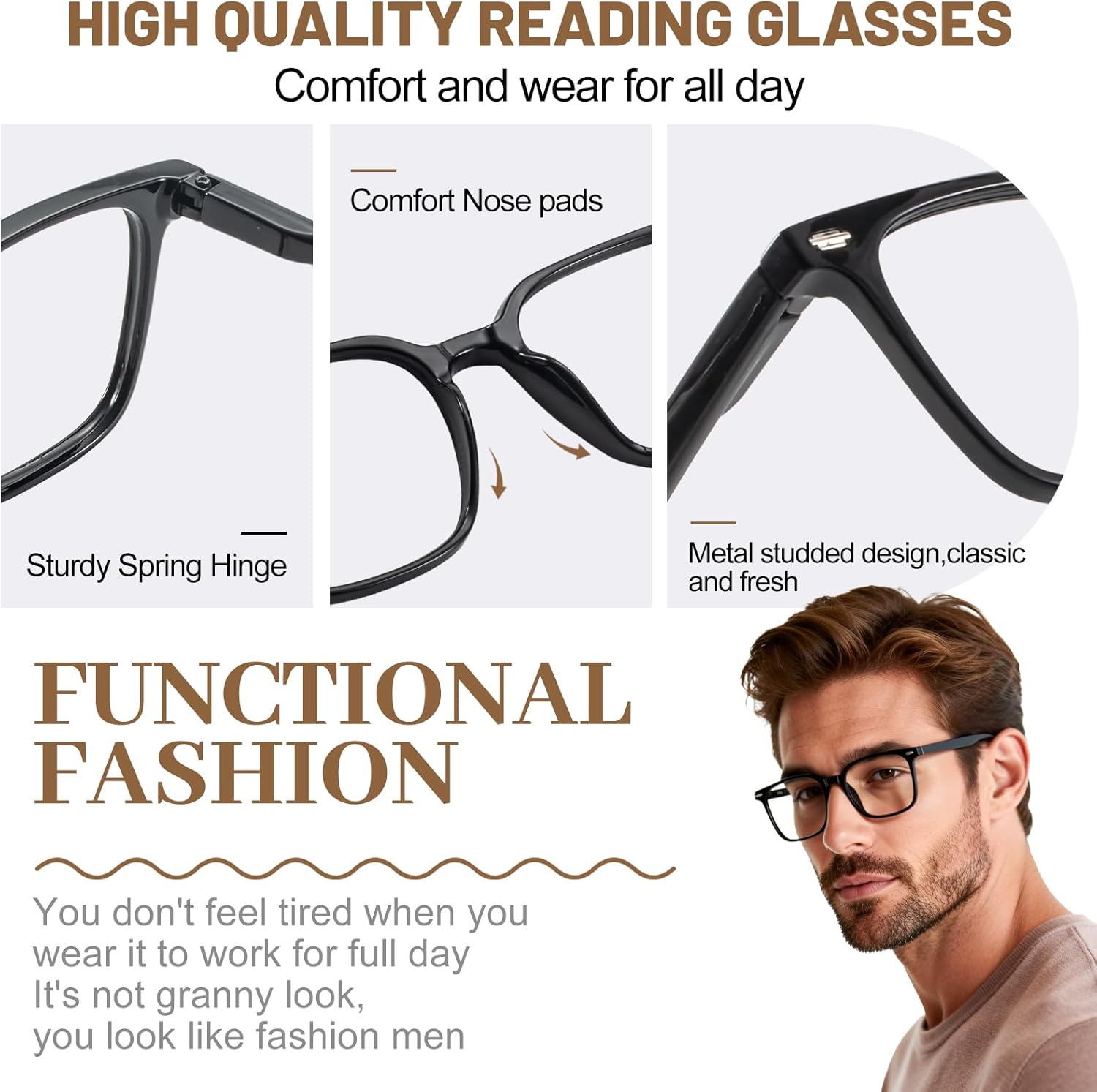 OCCI CHIARI Reading Glasses Men Stylish Square Readers Wide Eyewear(1.0 1.25 1.5 1.75 2.0 2.25 2.5 2.75 3.0 3.5 4.0 5.0 6.0) - Image 4