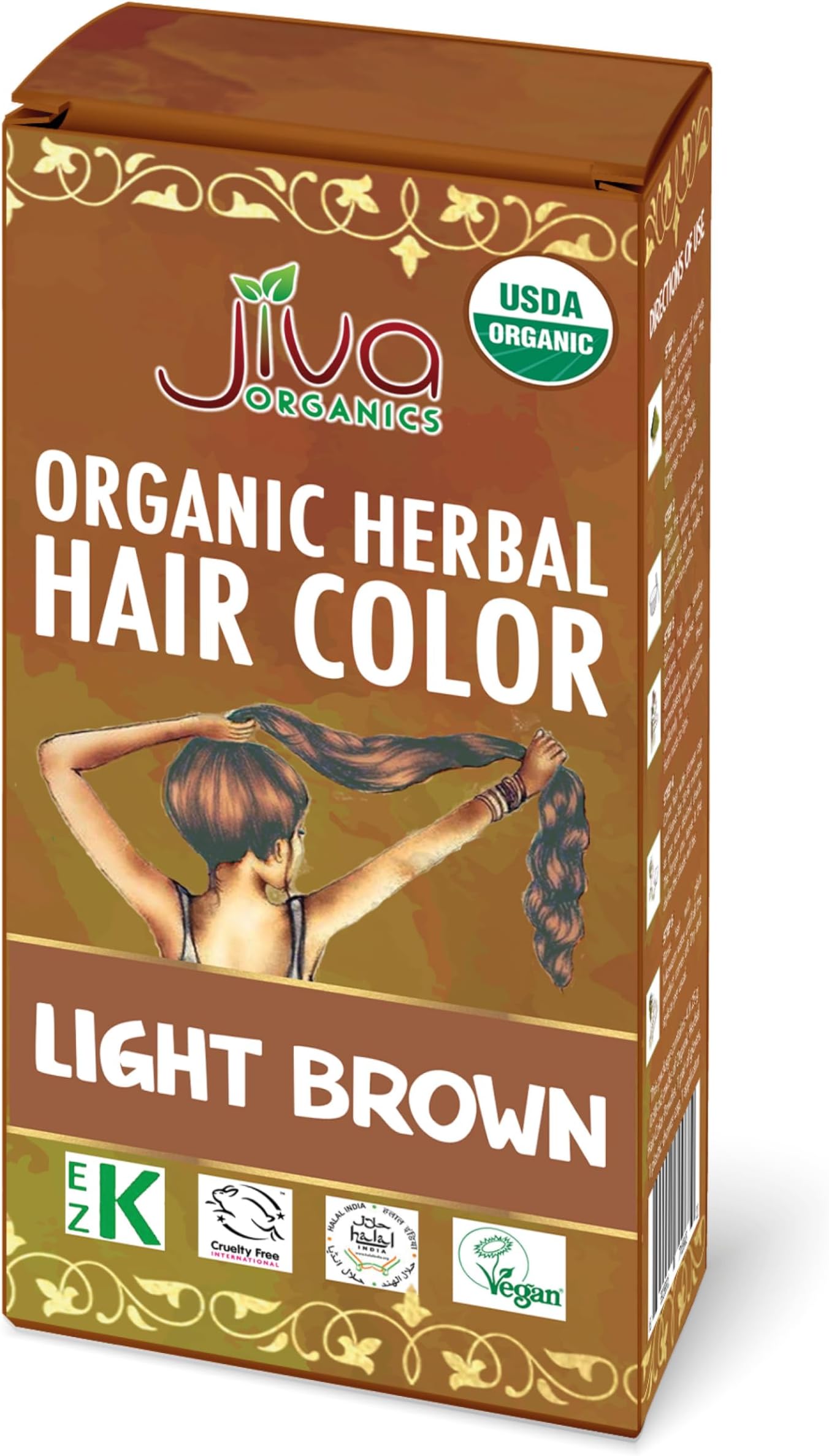 Jiva Organic Light Brown Hair Dye - 100% Herbal Hair Color with Cinnamon & Henna - 100% Pure, Certified Organic Natural Hair Colorant - NO Chemicals, Kosher, Vegan, Cruelty Free 3.5 Oz (100g)