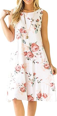 Womens Summer Beach Casual Dress Sleeveless Floral Print Dress Tank Loose Shirt Dresses with Pockets