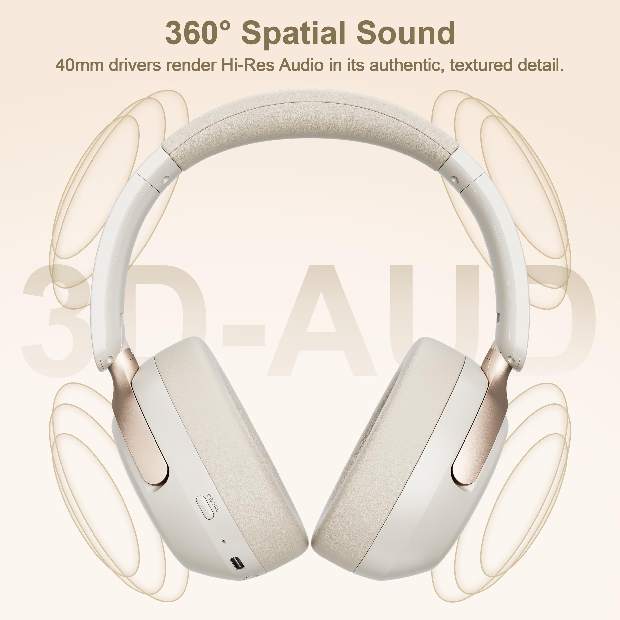 LORELEI QC30 - Cuffie ibride con cancellazione attiva del rumore, Bluetooth wireless over-ear, pelle proteica beige, controllo attivo del rumore e modalità trasparenza, bassi profondi, microfono