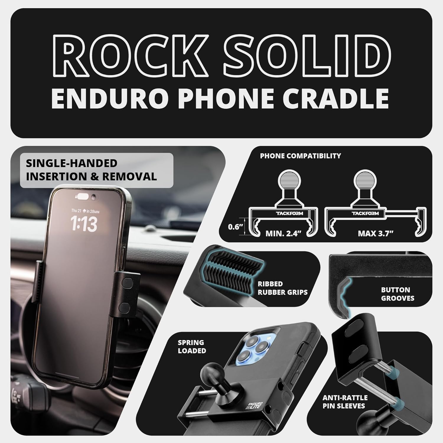 Tackform Link Vent Phone Mount Compatible with 2018 – 2023 Jeep JL, Gladiator, and 4XE | CNC Billet Aluminum | Zero Slip, Anti-Scratch | Universal Holder Compatible with iPhone, Galaxy, More | Black