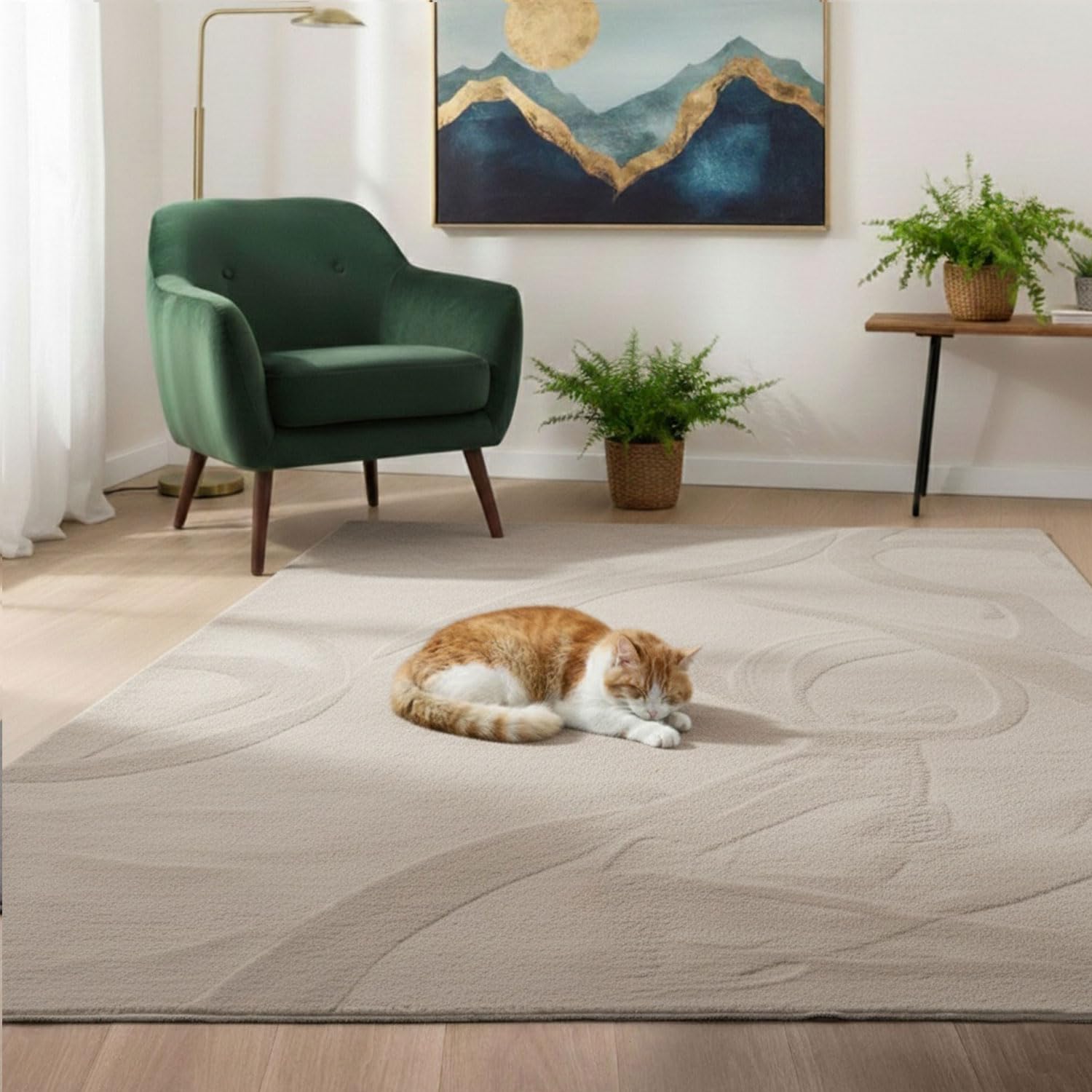 VIMODA Teppich Wohnzimmer Schlafzimmer, Kurzflor, flauschig weich, rutschfest/Anti-Rutsch, waschbar bis 30°C, Felloptik, für Fußbodenheizung geeignet,Farbe:Beige;Maße:120x160 cm