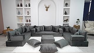 8" Thickness Anthracite U Shaped Floor Seating Sofas, Futon Sofa Bed Sofa Covers, Turkish Floor Sofa, Floor Couch, Moroccan Livingroom Sofas, Arabic Seating Sofa (U Sofa + Ottoman + Pillows)