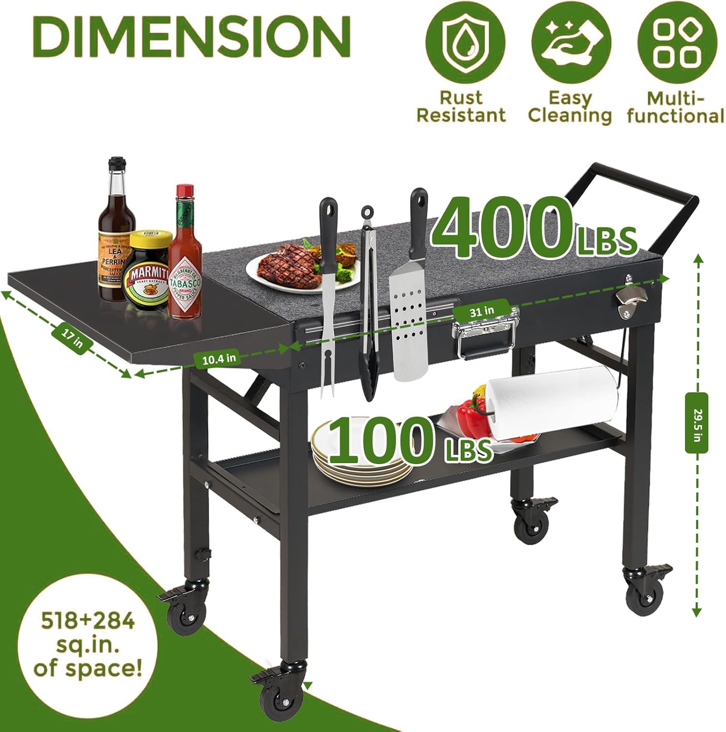 Grill Table & Cart for Blackstone Griddle, Portable Foldable Outdoor Griddle Stand with Wheels & Caddy, Fit 17 inch and 22 inch Tabletop Grill, BBQ Prep Table with Seasoning Tray for Camping