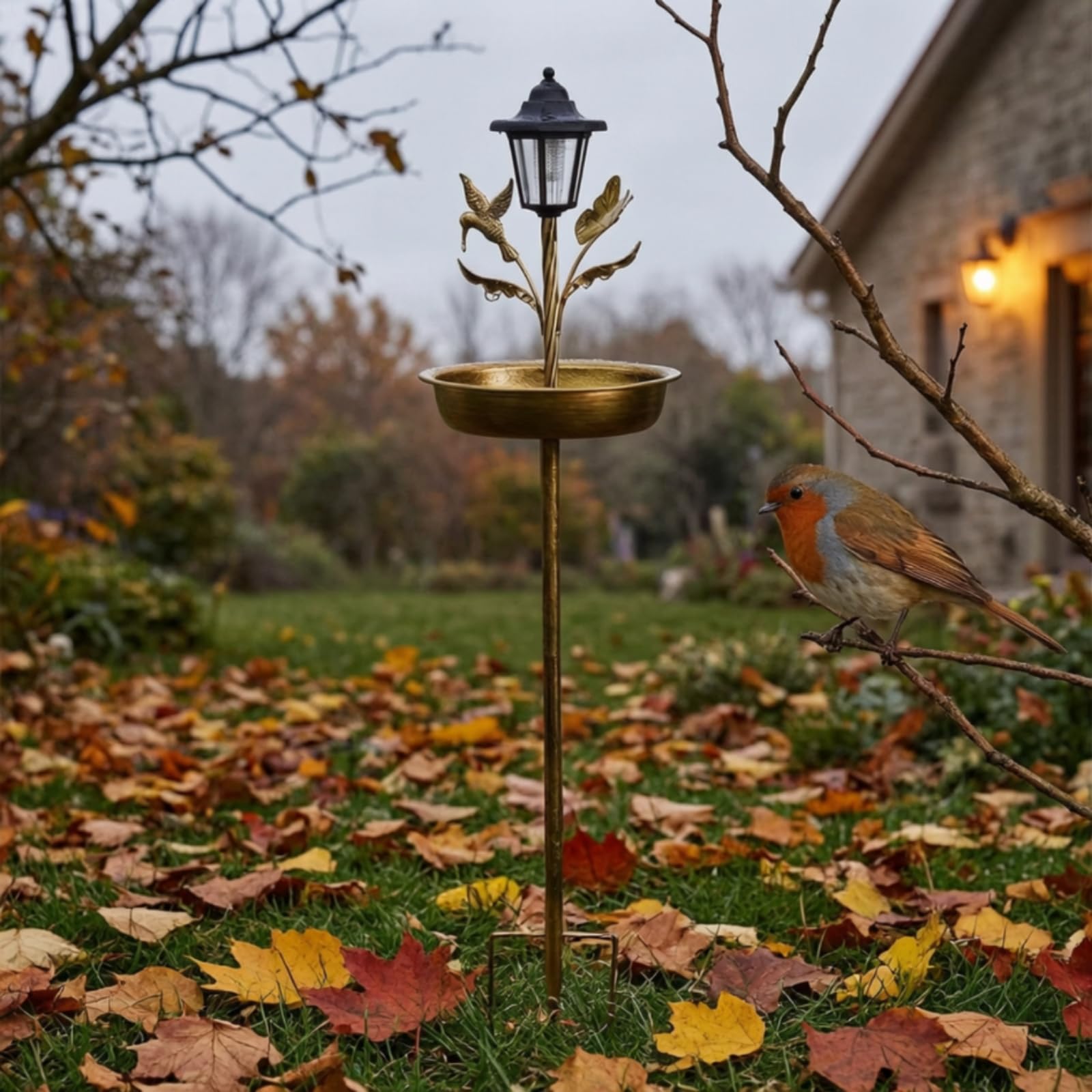 Bagno per Uccelli da Giardino Fontana Ciotola Mangiatoia Decorazione in Lanterna Foglie E Fiori su Picchetto Stabile Adatto per Aiuole Terrazze Cortili