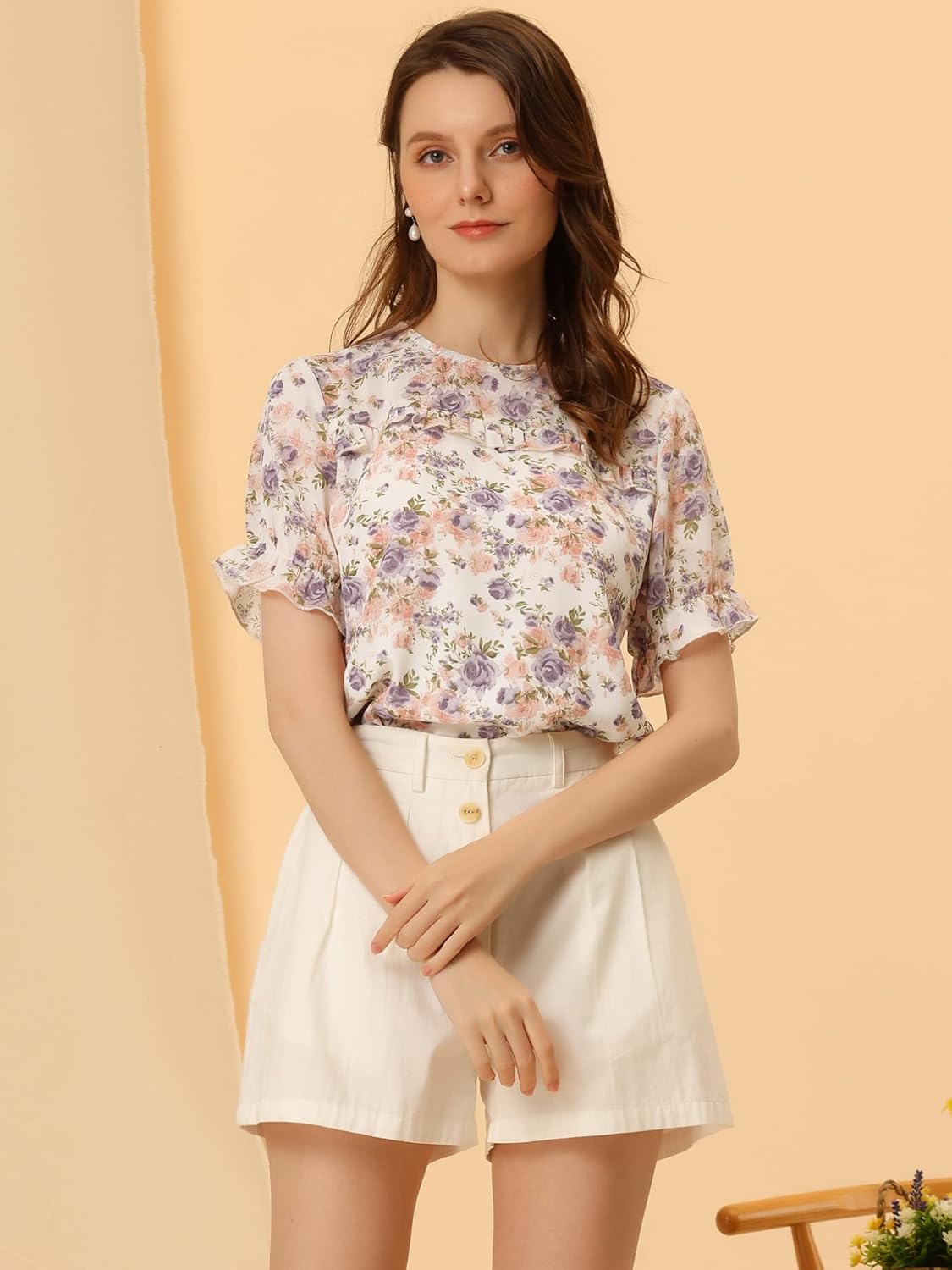 Allegra K Women's Chiffon Floral Short Sleeve Ruffled Trim Blouse Top - Image 3