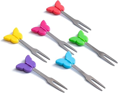 Miniatura 7 de Tenedores de cóctel, 6 tenedores de aperitivos, mariposas, tenedores pequeños de acero inoxidable y silicona para frutas, queso, aperitivos
