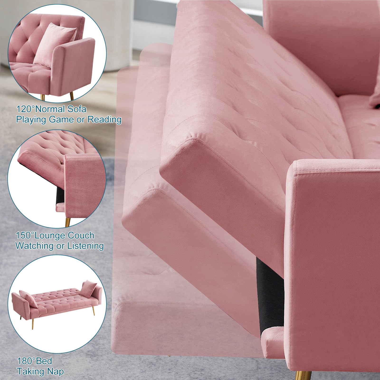 71.65'' Convertible Sofa Bed Modern Futon Set, Velvet Foldable Reclining Loveseat, Three Adjustment Angles,Mid Century Modern Couches for Living Room/Bedroom/Apartment, Easy Assembly,Pink