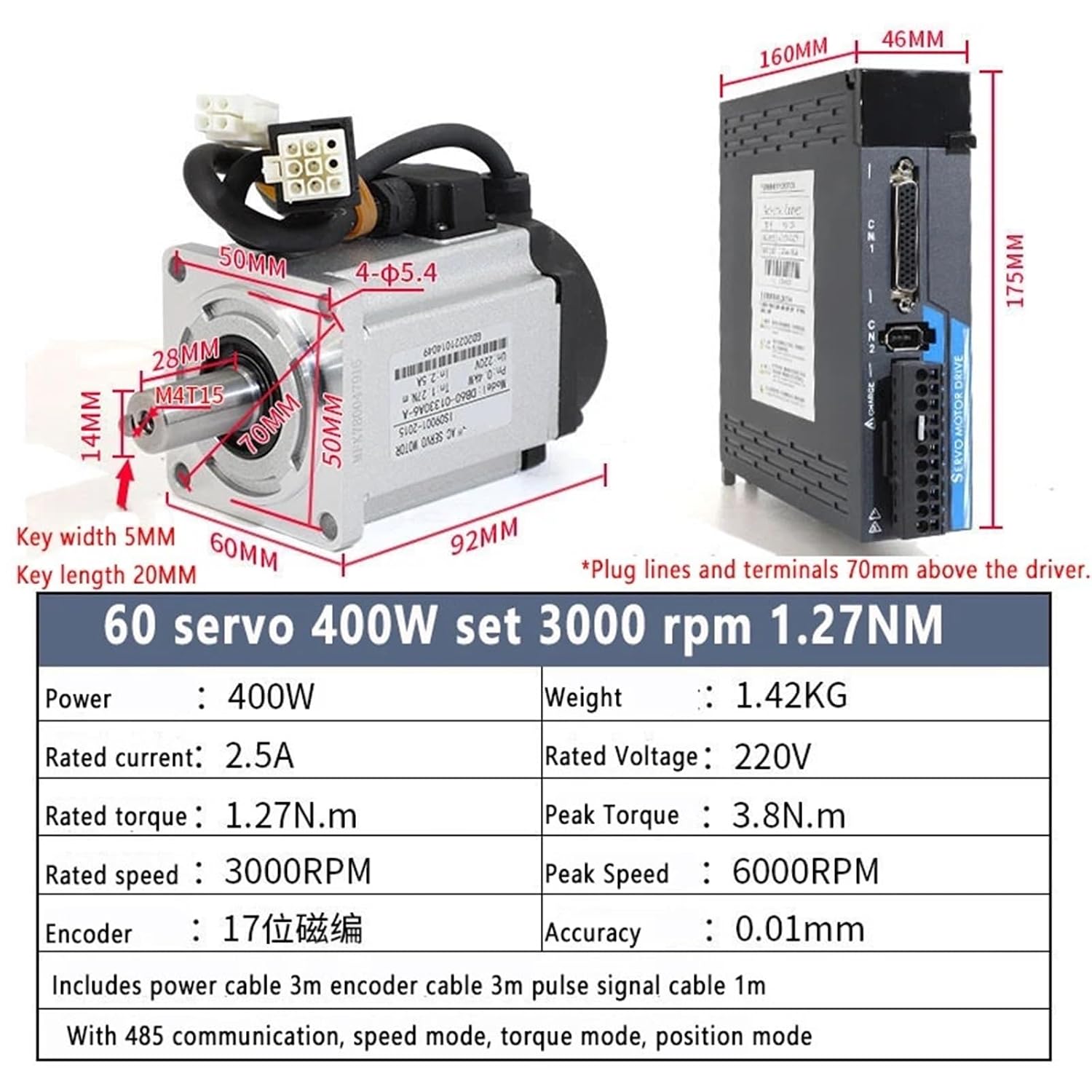 Servo Electronic Starter 400W AC Servo Electronic Starter Drive Kit 3000rpm 60 Flange Driver + 17-bit Magnetic Encoder + 3-M Encoder Cable(10M Without Brake)
