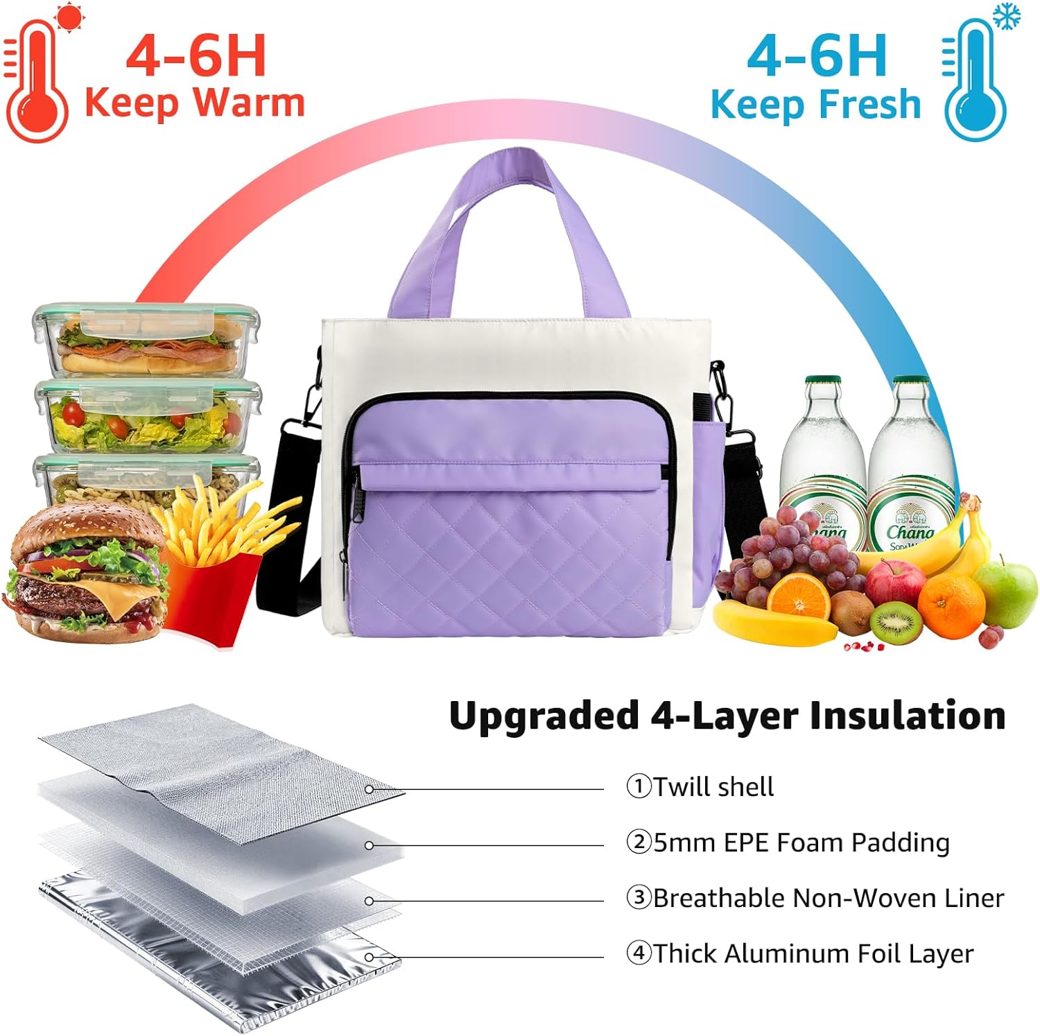 Women's Insulated Lunch Box Bag - Stylish Tote Design, Leakproof Waterproof Lunch Cooler, Large Lunch Tote Bags for Work Commute & Dates (White-Purple)