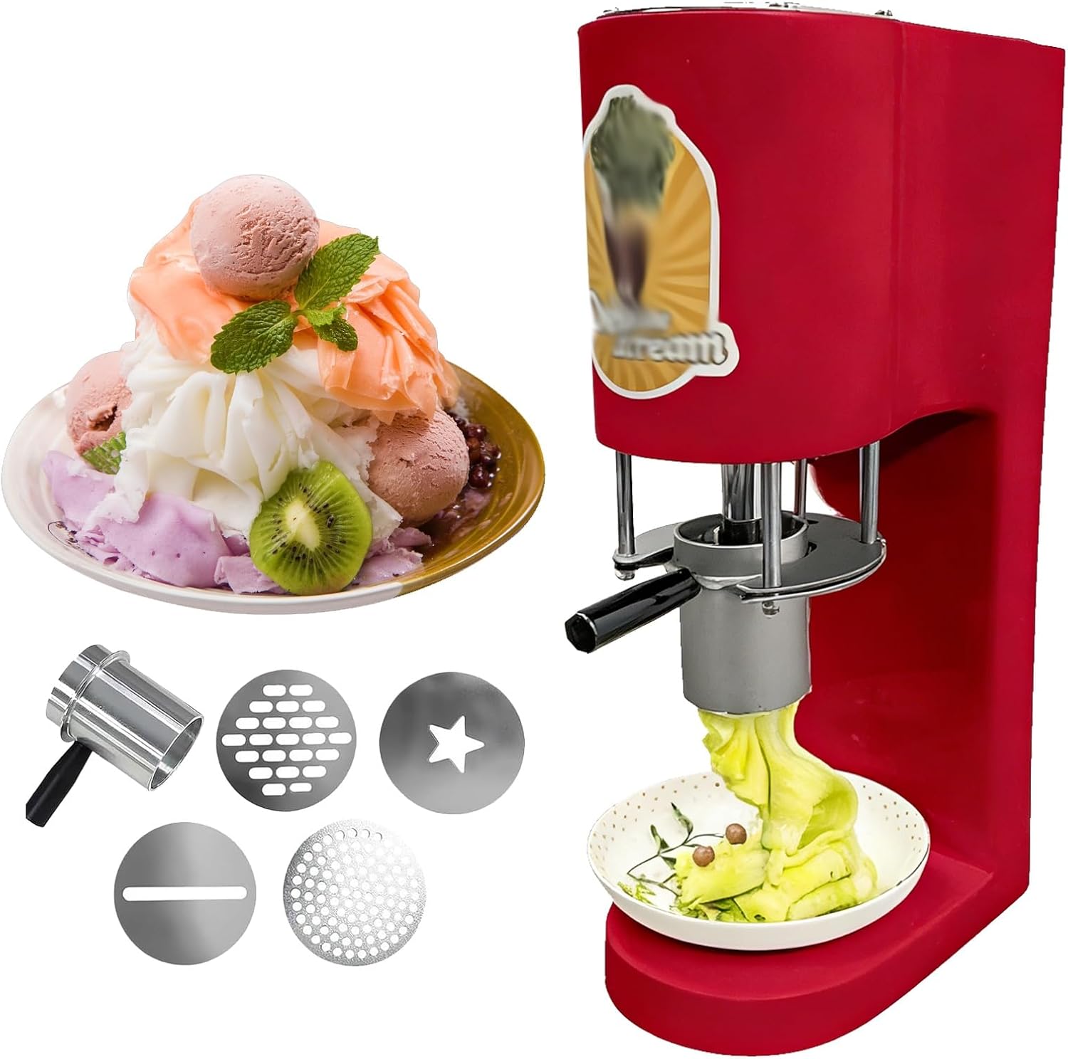 Professional Ice Cream Noodle Extruder, Commercial Spaghetti Ice Cream Machine 4 Interchangeable Molds, 6-8s/cup, One-Touch Start, Soft Serve Dessert Machine for Shops, Catering(Red)