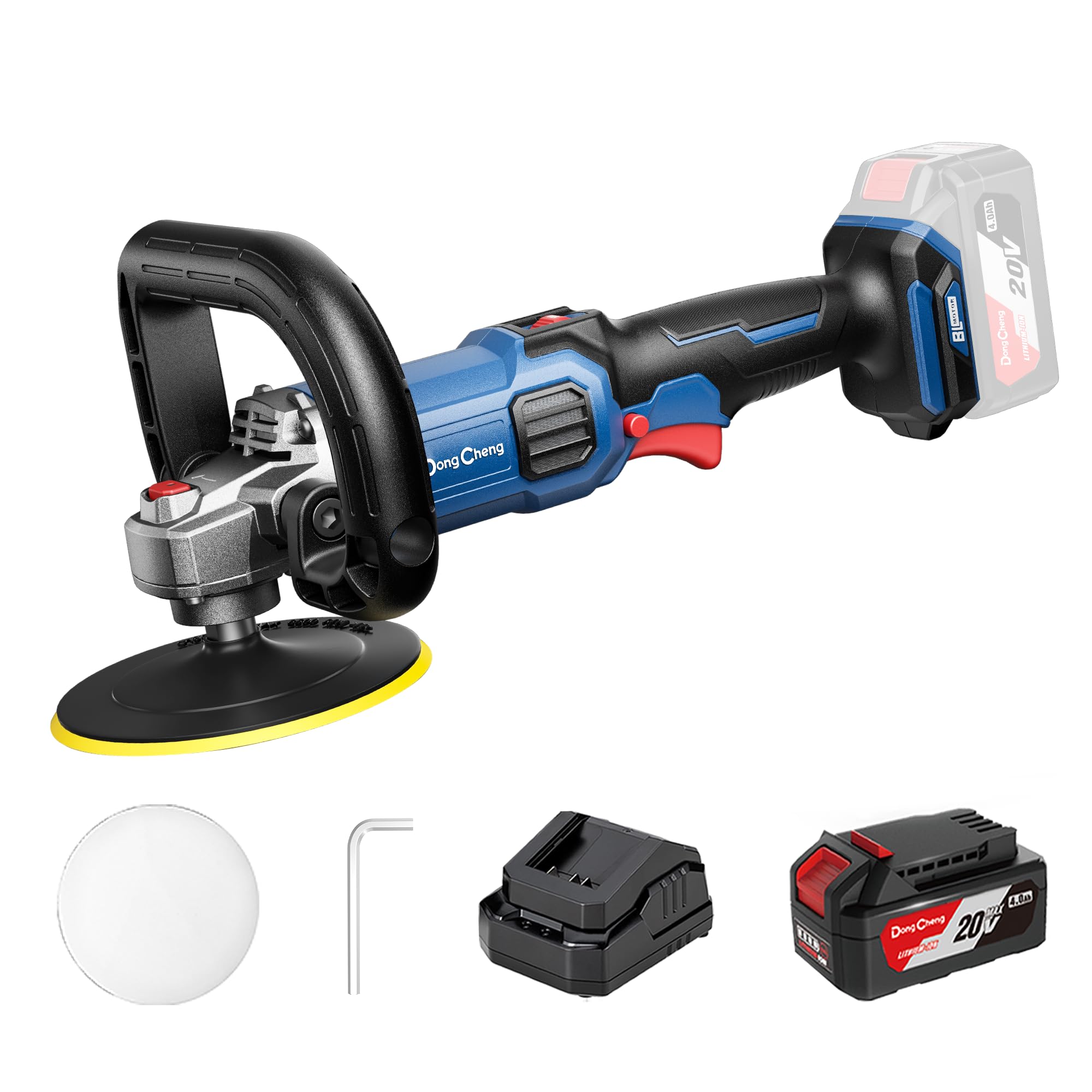 Dong Cheng Lucidatrice Senza Spazzole 150mm con Batteria 4,0 Ah, Impugnatura a D, Avvio Graduale, Stabilizzazione Elettronica della Velocità, Caricabatterie – Ideale per Auto, Barca, Mobili