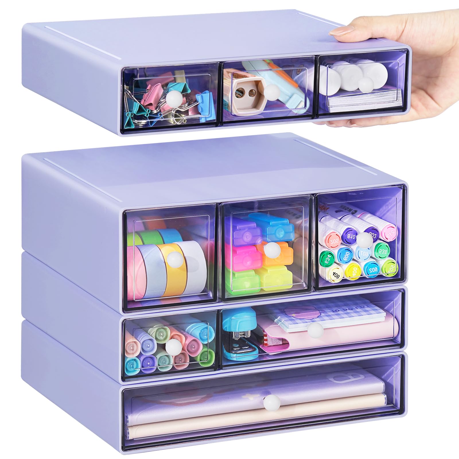 FODIENS - Organizer da scrivania con 9 cassetti, 4 ripiani, impilabili, per oggetti di cancelleria, trucchi, gioielli, ufficio, artigianato, colore: viola