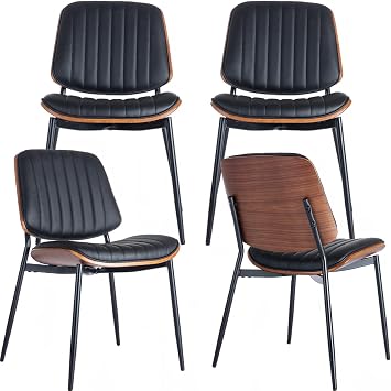 Black Mid Century Modern Dining Chairs Set of 4, PU Leather Upholstered Kitchen & Dining Room Chairs Set of 4, Kitchen Chairs with Metal Legs, Sillas de Comedor, Shell Strips Black, 4 Pcs