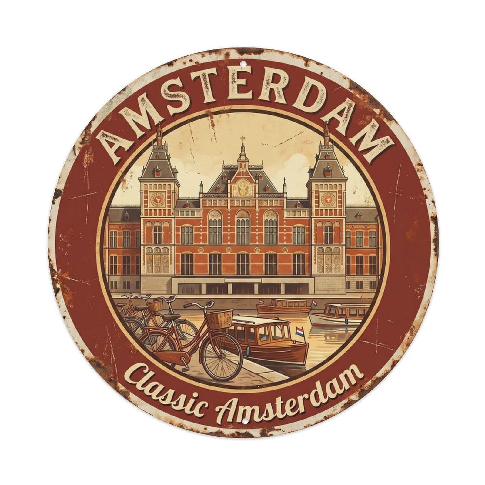 Amsterdam Central Station Vintage Dutch City Travel Landmark Metal Tin Sign Plaque Wall Decor for Cafe, Man Cave, Club Bar, Office, Home Garden Round Metal Poster 8x8Inch