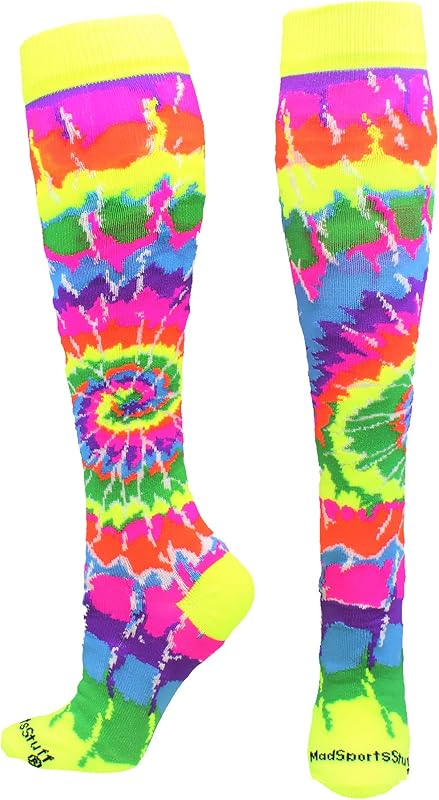 MadSportsStuff medias Crazy Tie Dye para softbol, ​​fútbol, ​​voleibol, medias deportivos altos por encima de la pantorrilla, divertidos colores neón