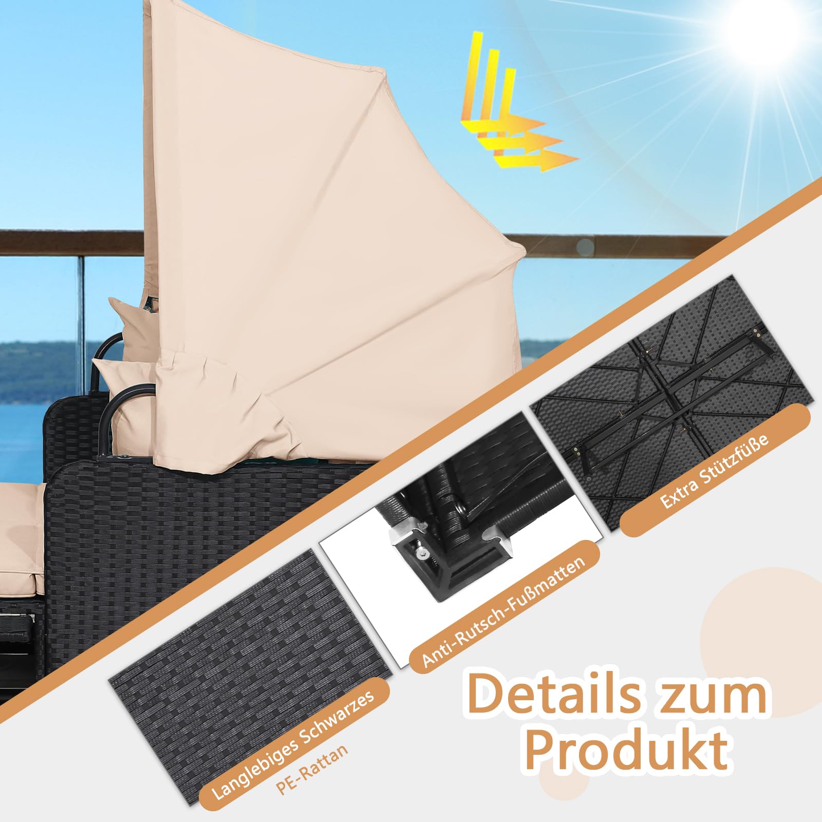 COSTWAY Sonnenliege Rattan für 2 Personen, Gartenliege mit Dach, Auflage, Kissen & ausklappbaren Seitentischen, Sonneninsel, Doppelliege, Sonnenbett, Loungebett für Garten, Terrasse (Gelblich)
