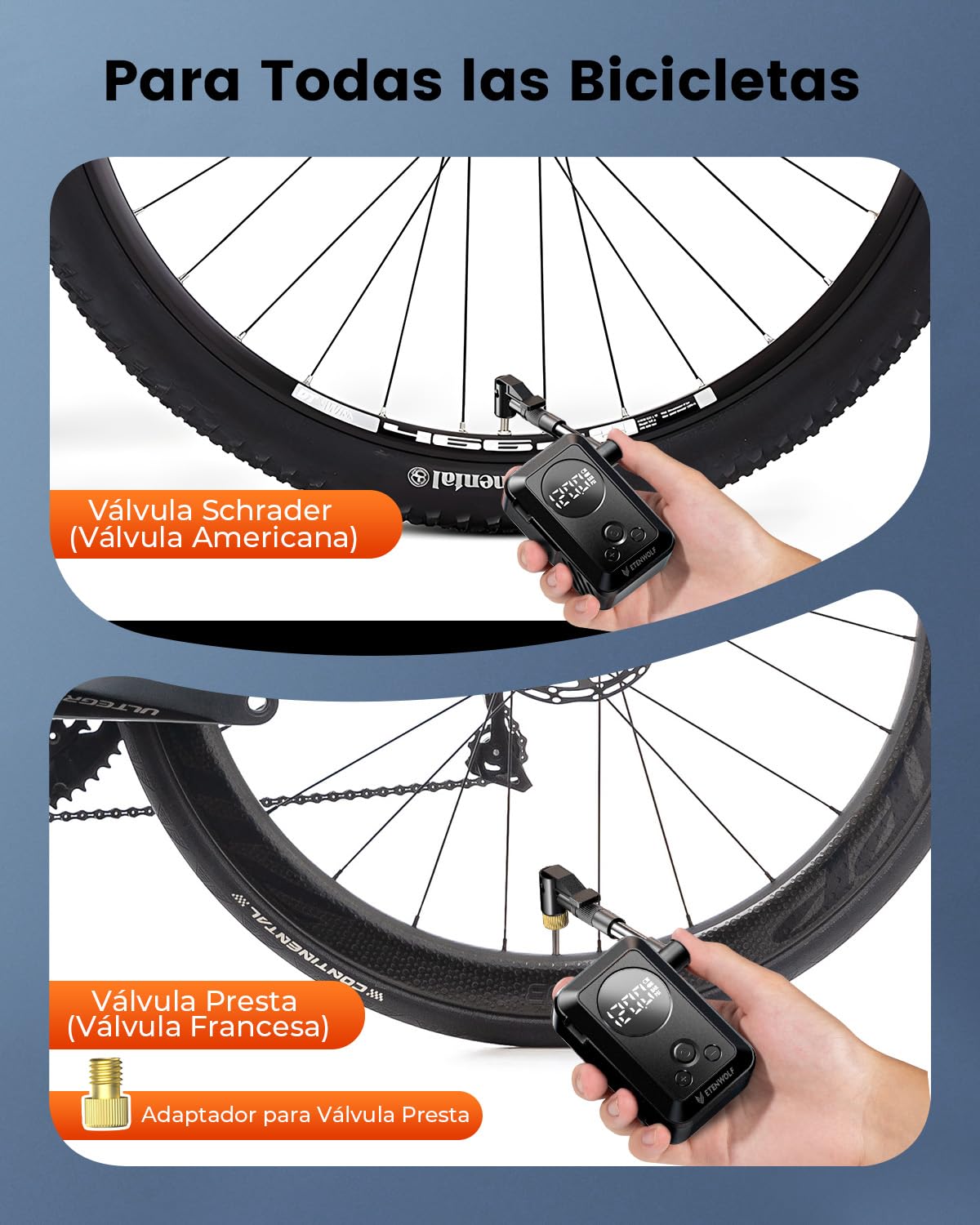 ETENWOLF Mini Bomba de Aire Bicicleta - 10,35 Bar Inflador Bicicletas | para Bicicletas, Coches, Motocicletas - Inflado Rápido y Parada Automática