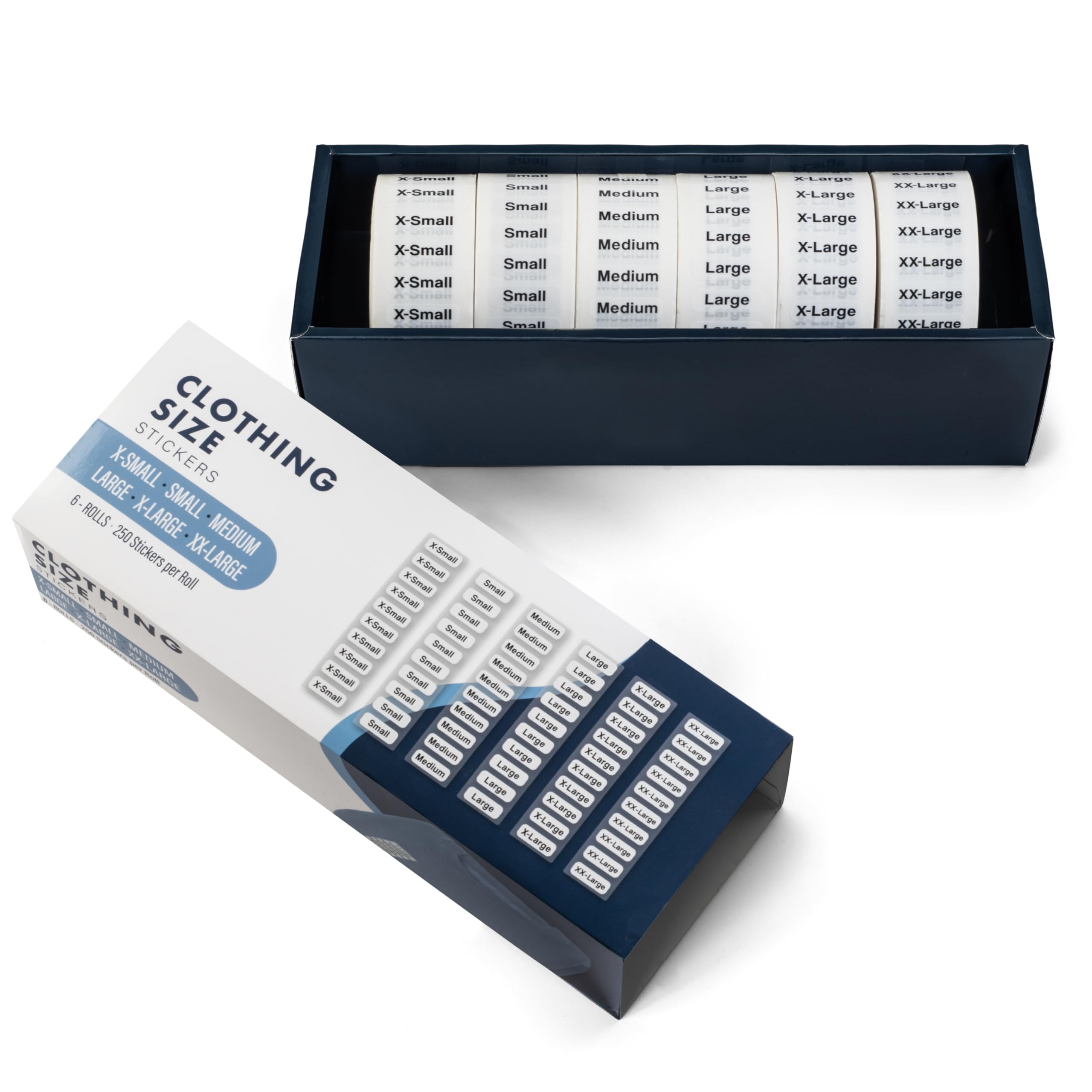 Juego de 1500 etiquetas de tamaño de ropa, etiquetas de 1.25 x 5 pulgadas, 6 rollos (XS, S, M, L, XL, XXL), 250 etiquetas/rollo, etiquetas adhesivas transparentes de tamaño de ropa para camisas,