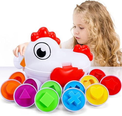 Juguetes de huevo de gallina de Pascua para niños pequeños, clasificador de formas a juego de colores con 6 huevos, juguete sensorial de desarrollo