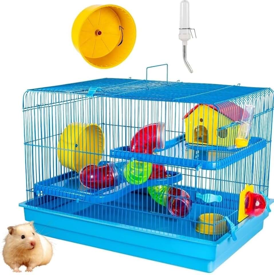 Gaiola de luxo de dois andares para hamsters com túneis e área de recreação, recinto ventilado para hamsters (Azul)
