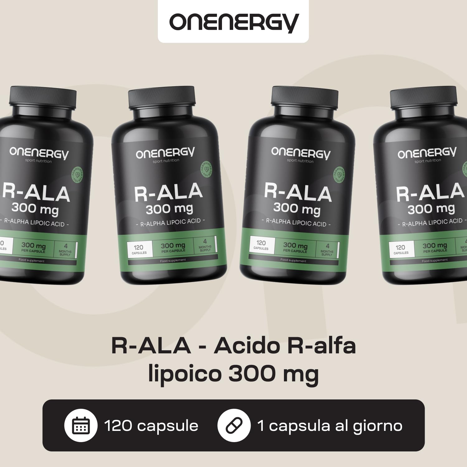 R-ALA - Acido R-alfa Lipoico 300 mg - 120 Capsule Vegetali - Alto Contenuto e Qualità - Potenziamento Energetico - Vitalità - Fornitura per 4 Mesi - Ottimo per Atleti