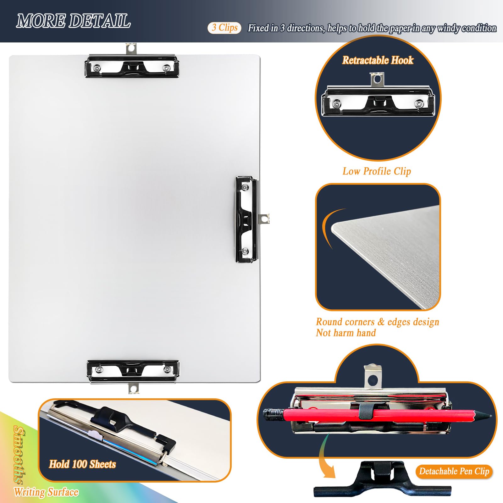 Klemmbrett mit drei Clips, Aluminium, 28,9 x 43,2 cm, Metall, Edelstahl, hängbar, Kunststifthalter, extra großes Klemmbrett für Business, Mediziner, Werkstatt (Silber, A3-3Clip)