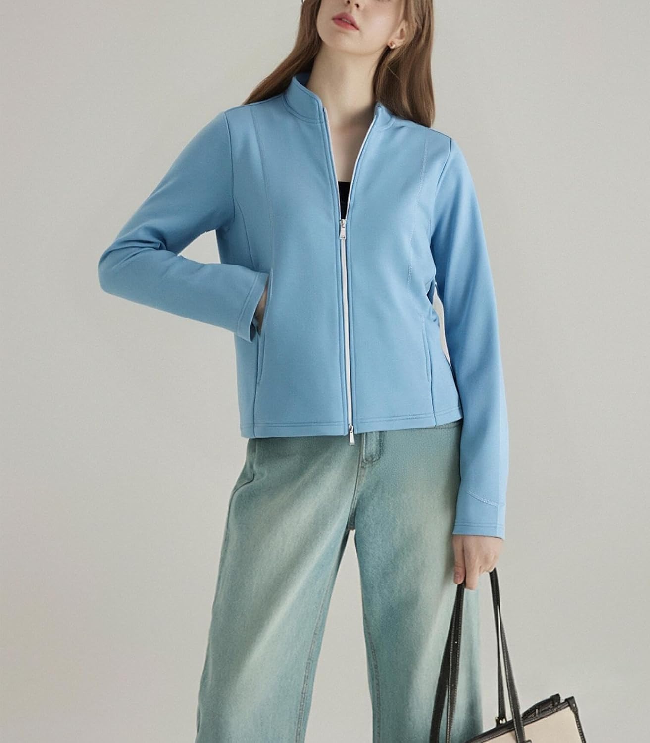 Women’s Lightweight Zip‑Up Jacket – Soft Brushed Knit, Stand‑Collar, Ribbed Cuffs & Hem, Side Pockets, Light‑Blue