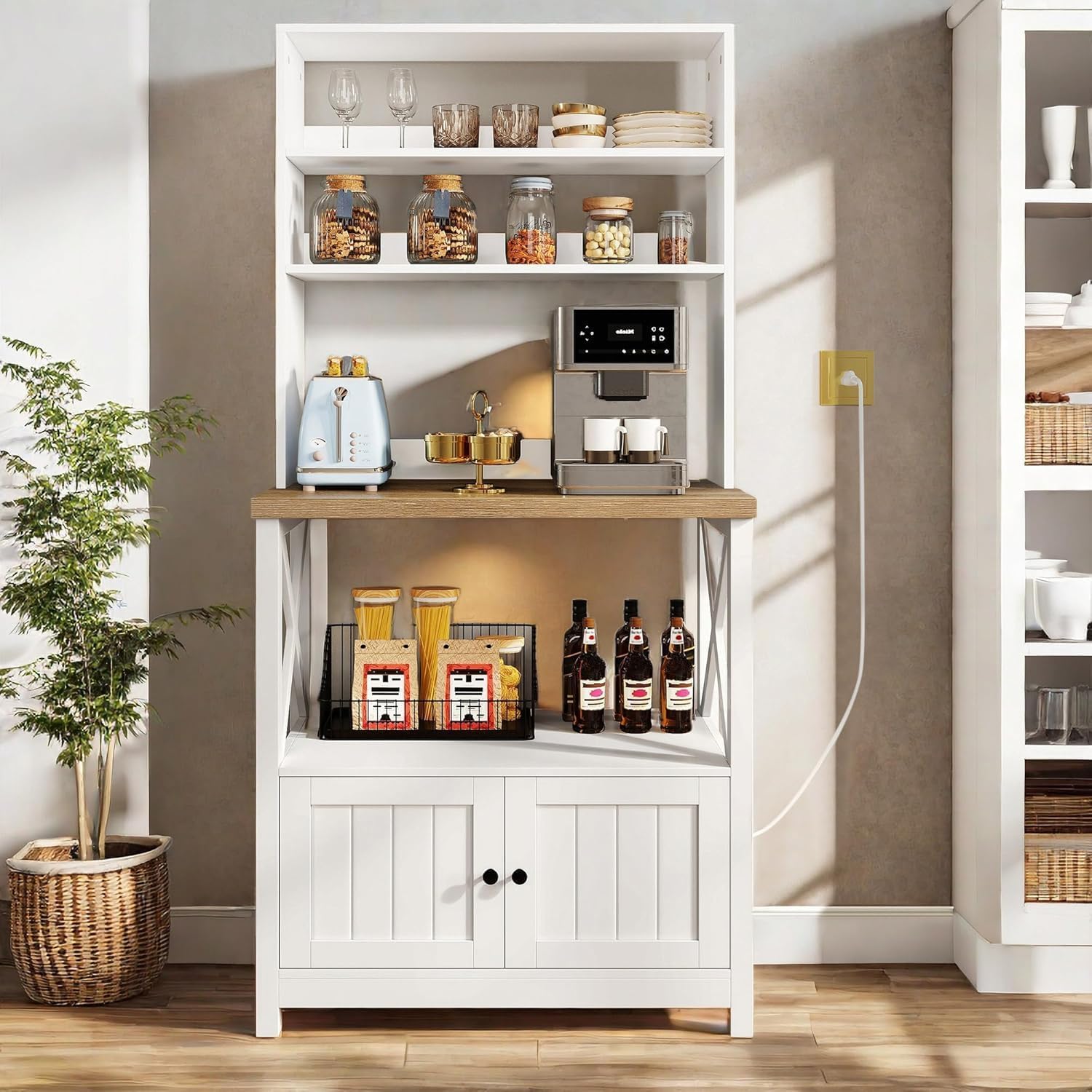 DWVO White Baker Rack with Storage & Power Outlet, Farmhouse Microwave Stand for Kitchen, 5-Tier Coffee Bar Cabinet Station Thickened Counter with Hutch Shelves