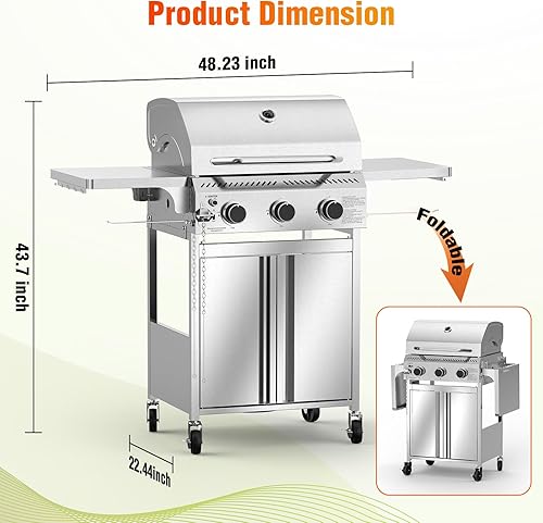 Miniatura 6 de Parrilla de gas G31, parrilla de gas de 3 quemadores con mesas laterales plegables, parrilla de barbacoa de acero inoxidable de 24,000 BTU, parrilla