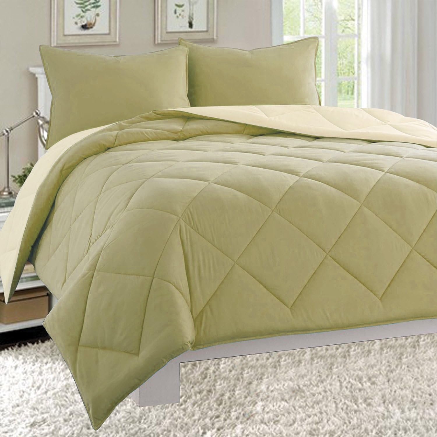Elegant Comfort All Season Light Weight Down Alternative Reversible 2-Piece Comforter Set, Twin/Twin XL, Sage/Cream