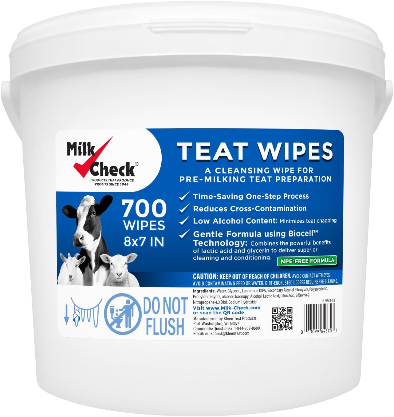 Milk Check Teat Wipes, Udder Prep, 7 inch x 8 inch Wipes, Pail of 700 Wipes