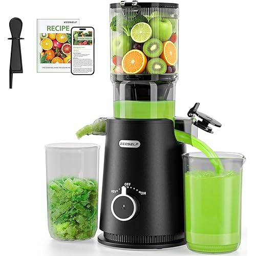 ECOSELF Juicer Machines Easy to Clean, With Wide Mouth & Large Feed Chute For Whole Fruits & Vegetables, Slow Masticating Juicer Hands-Free, Quiet Motor, Cold Press Juicer For Family, With Pusher