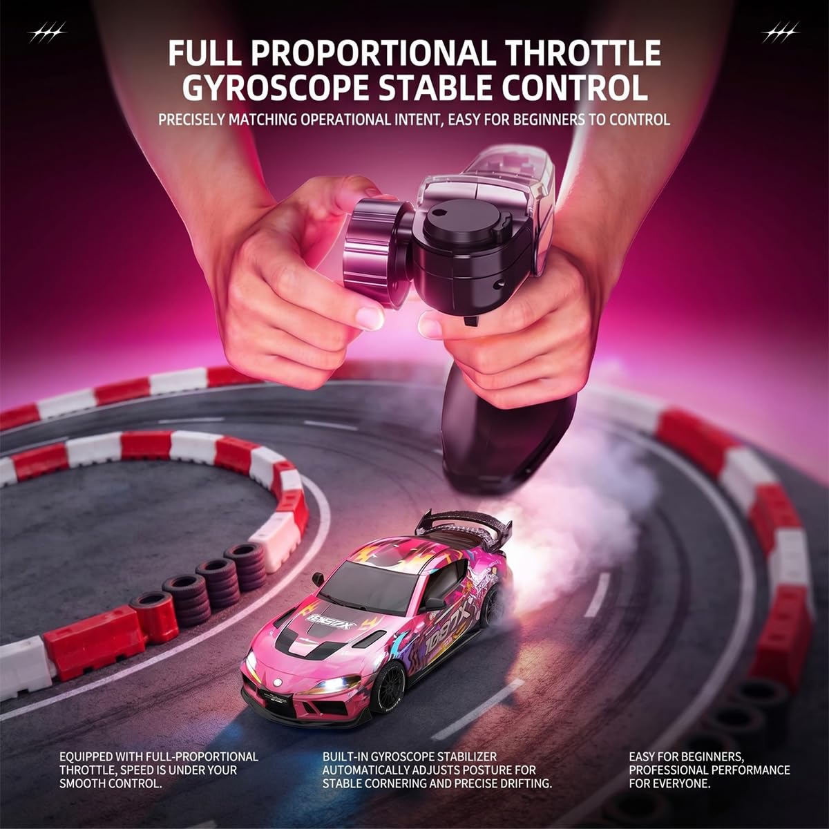 NULA RC Drift Auto 1:43 mit Gyro-Stabilisierung & LED-Licht, SP4301 Mini-Rennwagen mit 2,4-GHz-Fernsteuerung, vollproportionaler Steuerung und LED-Lichtmodi für Erwachsene