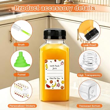 Juice Bottles 12 Pack, 8oz/250ml Clear PET Plastic Bottles with Leak-Proof Lids, BPA-Free Reusable Empty Drink Containers for Juicing, Smoothies, Milk, Iced Coffee, Lunchboxes & Picnics