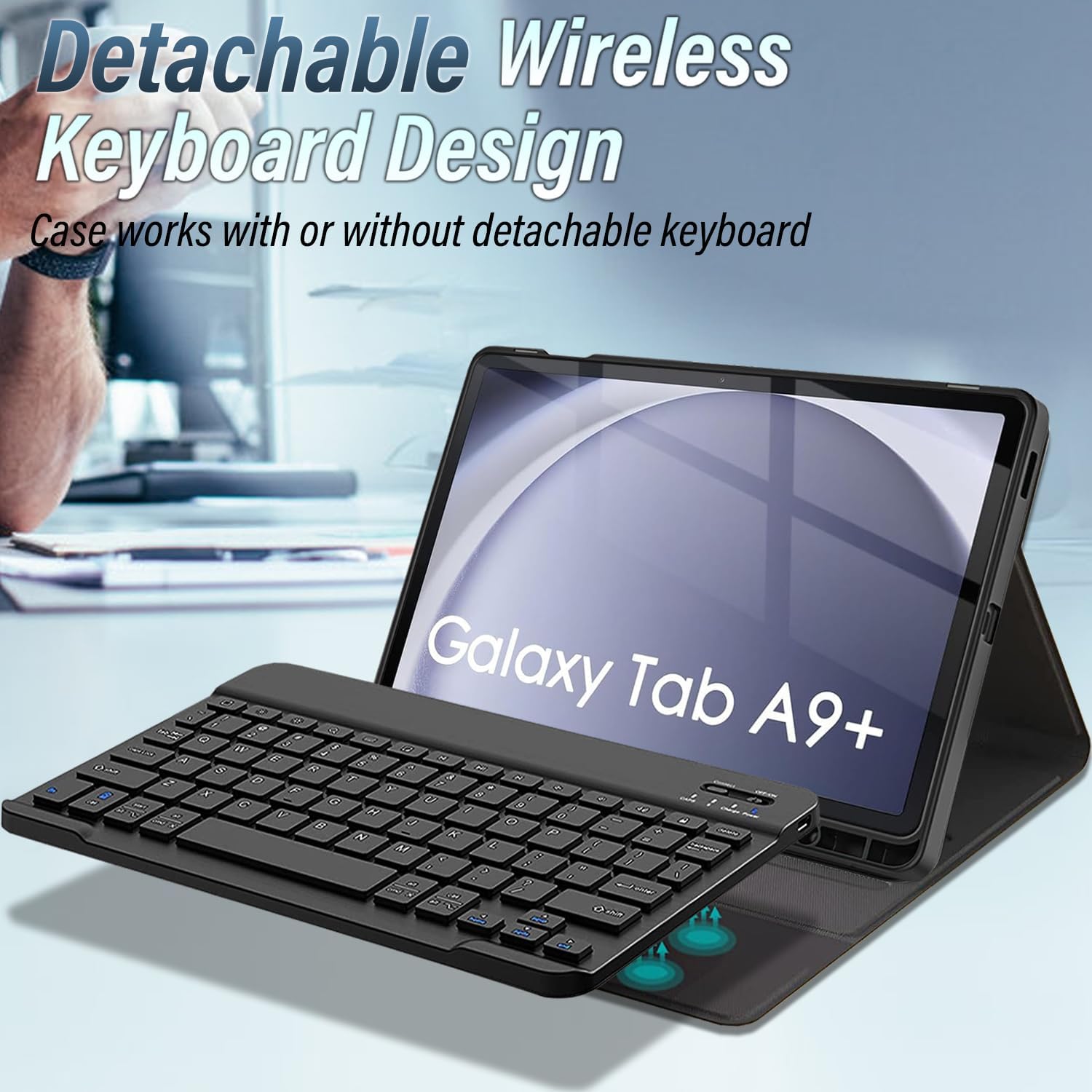 Keyboard Case with Screen Protector for Samsung Galaxy Tab A9+ / A9 Plus 11 Inch 2023 (SM-X210/X216/X218), Magnetically Detachable Wireless Bluetooth Keyboard with Slim Stand Cover