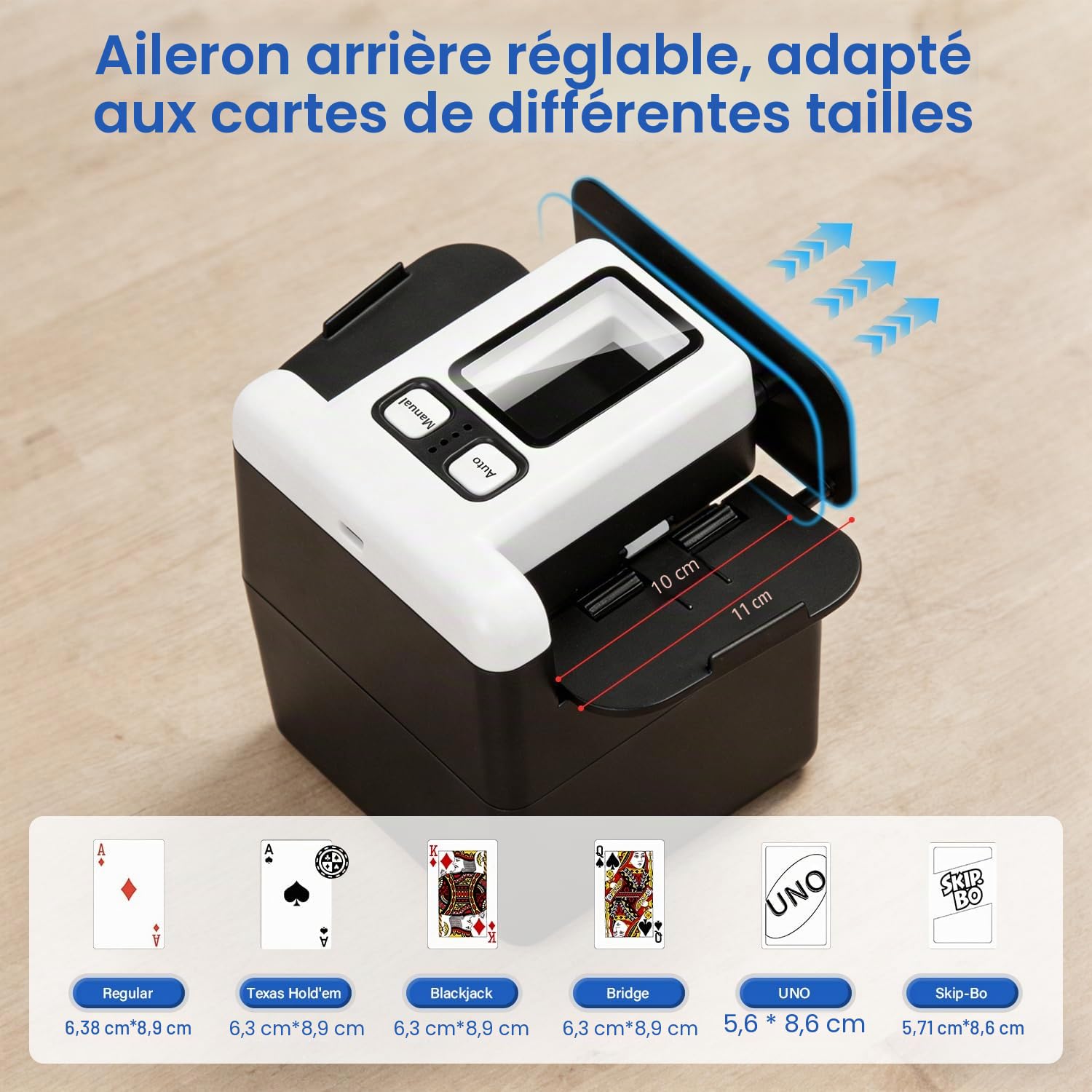 Mélangeur de cartes automatique, melangeur de carte rechargeable, mélangeur de cartes avec batterie de 2500 mAh, card shuffler avec ailette arrière réglable, pour différentes tailles de cartes