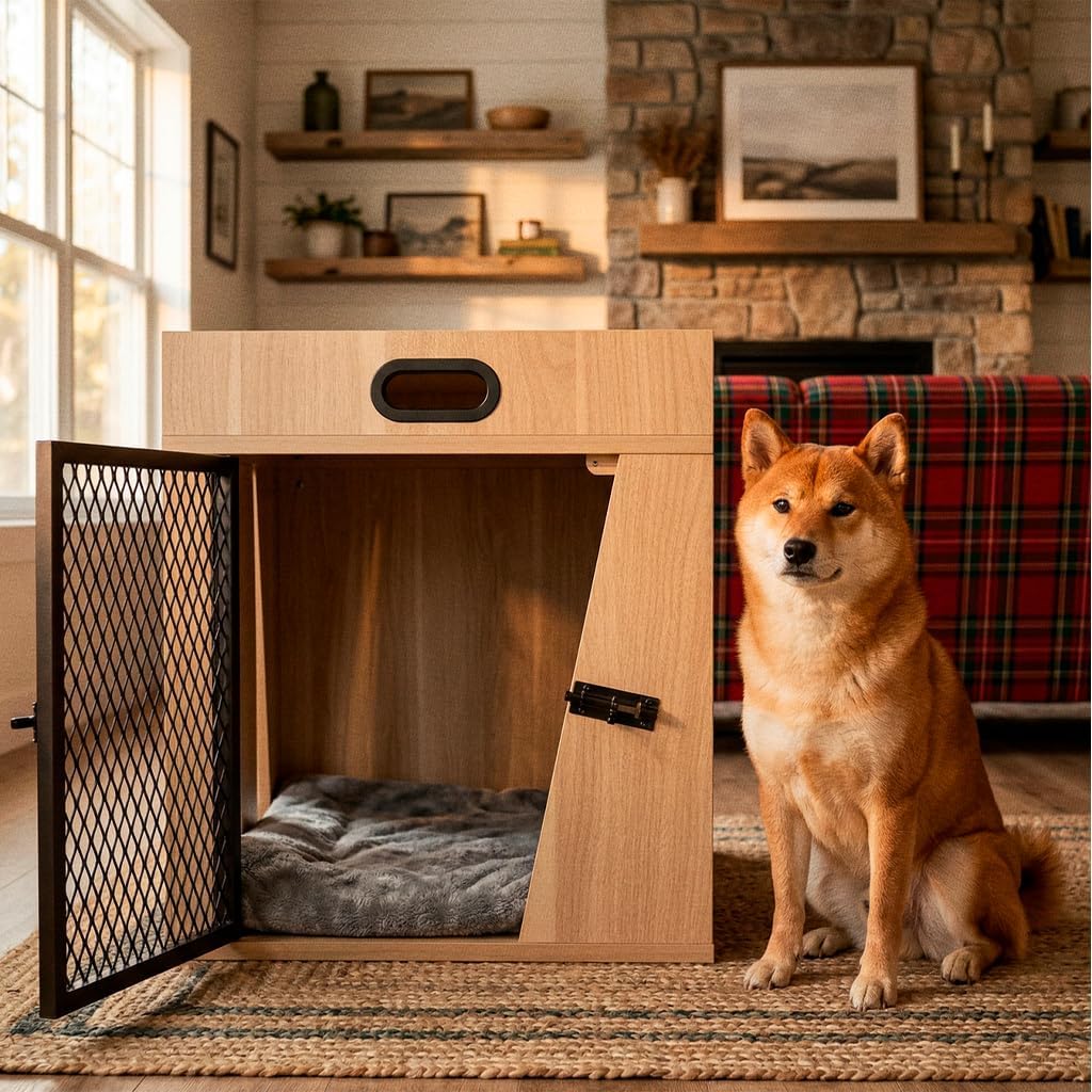 Lucky Kennels Penny Pet Crate, Modern Dog Crate, Designer Cat Crate, Geometric Wooden Pet Crate, Cozy Pet House with Storage Compartment for Leashes, Treats, Beds (Light Wood/Oak, Small)