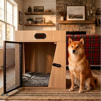 Lucky Kennels Penny Pet Crate, Modern Dog Crate, Designer Cat Crate, Geometric Wooden Pet Crate, Cozy Pet House with Storage Compartment for Leashes, Treats, Beds Light Wood/Oak, Small