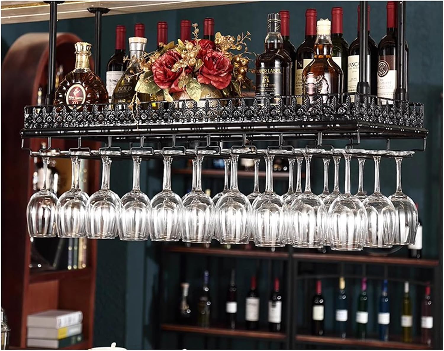 Ceiling Wine Rack,Hanging Industrial Round Wine Rack,Bar Unit Floating Shelves with Wine Glass Holder,Upside Down Wine Rack with Boom,for Bar Cafe Kitchen(Size:80 * 35cm,Color:Black)